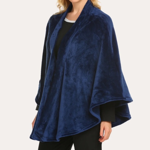EKOUAER High quality flannel poncho blue velour O/S - Picture 1 of 5
